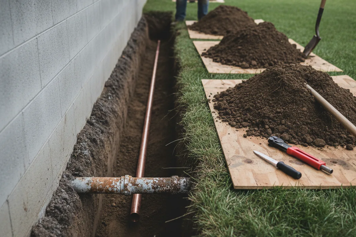 Excavated water line trench during Sewer Line Repair in Milan